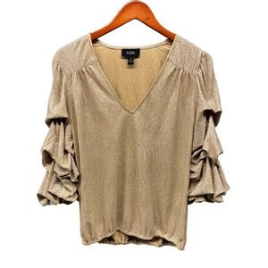 MSK Gold Metallic Ruffle Tiered V Neck Blouse 3/4 Sleeve Womens M Party Top